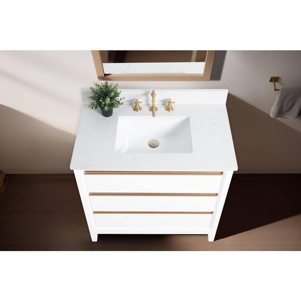 White and Gold 36" Freestanding Bathroom Vanity with Engineered Marble Top