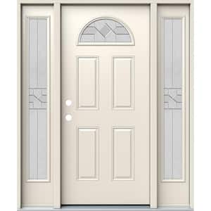 60 in. x 80 in. Right-Hand Fan Lite Caldwell Decorative Glass Primed Steel Prehung Front Door with Sidelites