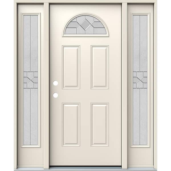 JELD-WEN 60 in. x 80 in. Right-Hand Fan Lite Caldwell Decorative Glass Primed Steel Prehung Front Door with Sidelites