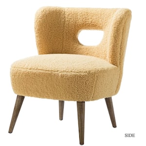 Mini Mustard Vegan Lambskin Sherpa Upholstery Side Chair with Cutout Back and Solid Wood Legs