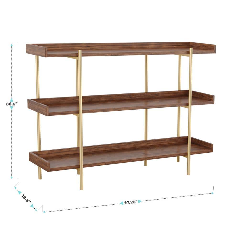 Walnut Wood Grain 3-Shelf Bookcase with Polished Brass Frame