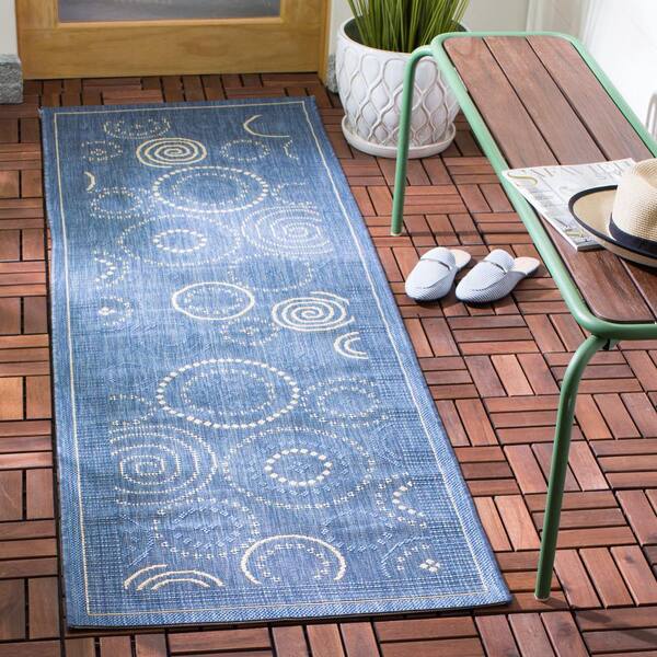 Courtyard Blue/Natural 2 ft. x 12 ft. Border Indoor/Outdoor Patio  Runner Rug