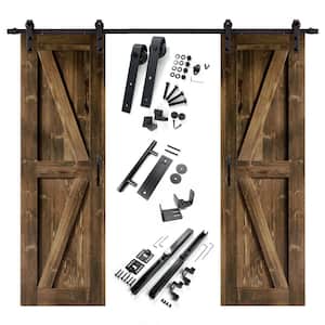 28 in. x 84 in. K-Frame Walnut Double Pine Wood Interior Sliding Barn Door with Hardware Kit Non-Bypass