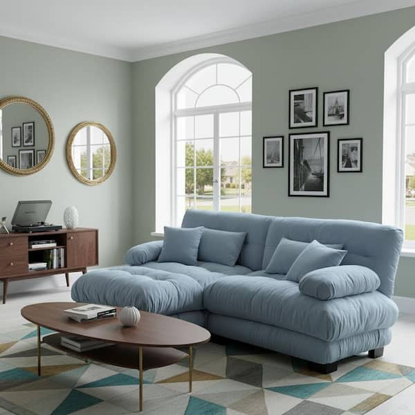 MINH 94.4 in. Pillow Arm 3-piece Chenille Sectional Sofa with Deep Cushions and 1 Movable Ottoman in. Misty Blue