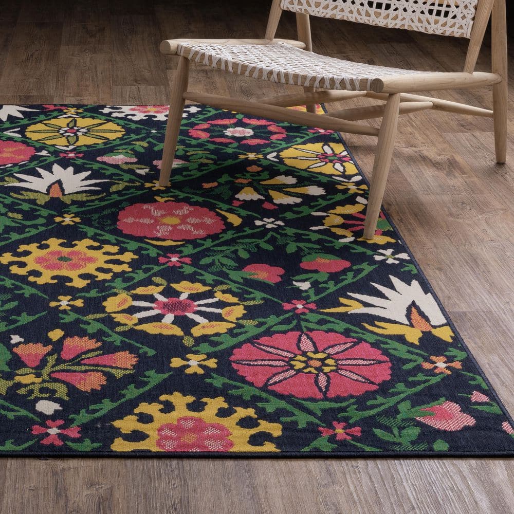 Hibiscus Navy/Multi 2 ft. x 7 ft. Textured Floral Lattice Polypropylene Indoor/Outdoor Runner Area Rug price history on PriceWatchPro