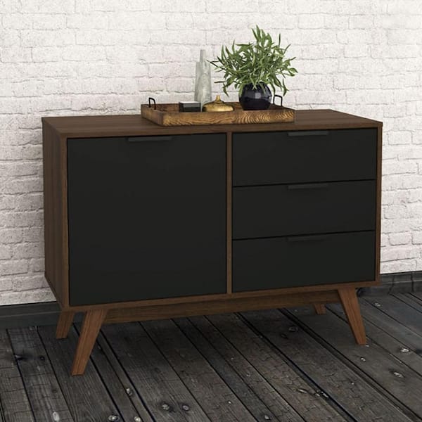 Polifurniture Seville Black and Walnut Wood 40 in. Sideboard with 3-Drawers