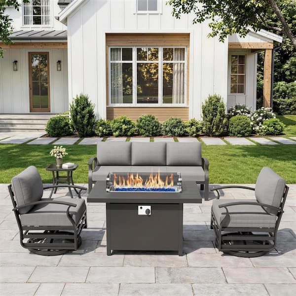5-Piece Aluminum Patio Conversation Set with armrest, Firepit Table, Swivel Rocking Chairs and Grey Cushions