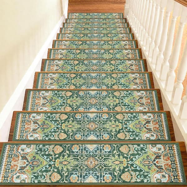 Green 8 in. x 30 in. Polyester Boho Stair Tread Cover Non Slip (Set of 15)