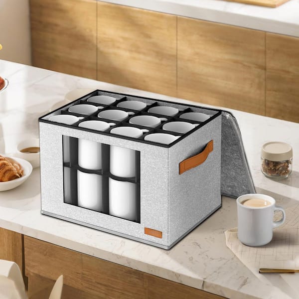 Light Grey Stemware Organizer, 2-Layer Cup Storage Box with Dividers Zipper Lid Handles for Cups Kitchen Bar Cabinet