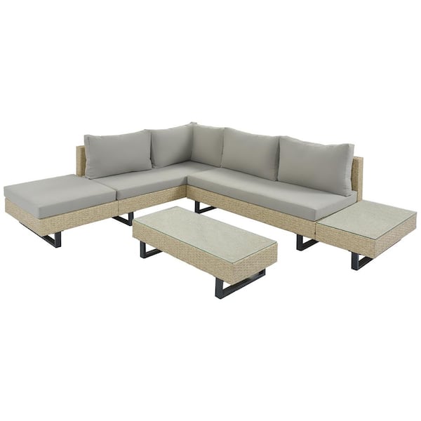 Maincraft 3-Piece Wicker Patio Conversation Set with Light Gray Cushions, 2 Glass Table