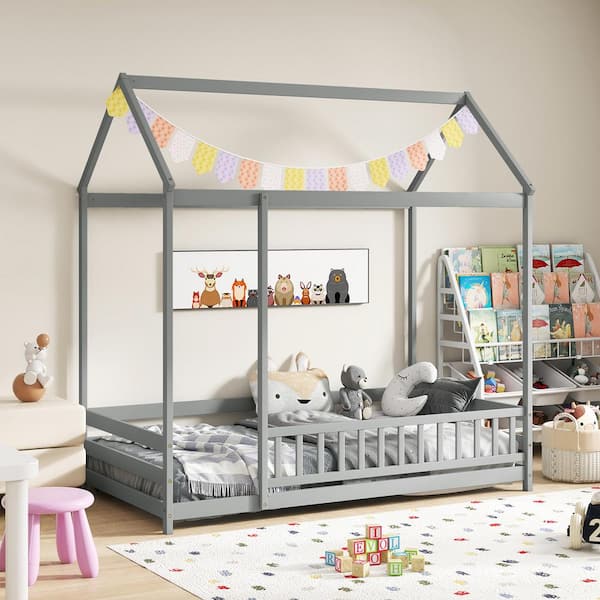 Grey Twin Adjustable House Bed w/Roof and Full-Length Safety Guardrail Playhouse Bed Frame