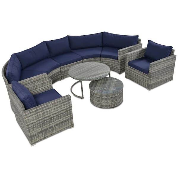 9-piece Wicker Outdoor Sectional, Half-Moon Sectional Sets, Modern Style Sofa with Gray Wicker, Blue Cushions