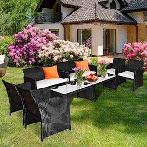 8-Piece Rattan Patio Conversation Set Outdoor with Coffee Table Cushioned Sofa with White Cushion