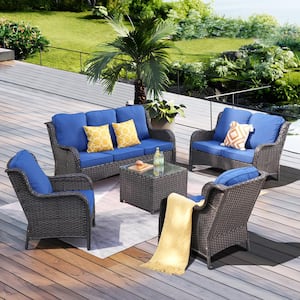 Mona Lisa Brown 5-Piece Wicker Outdoor Patio Conversation Seating Set with Navy Blue Cushions