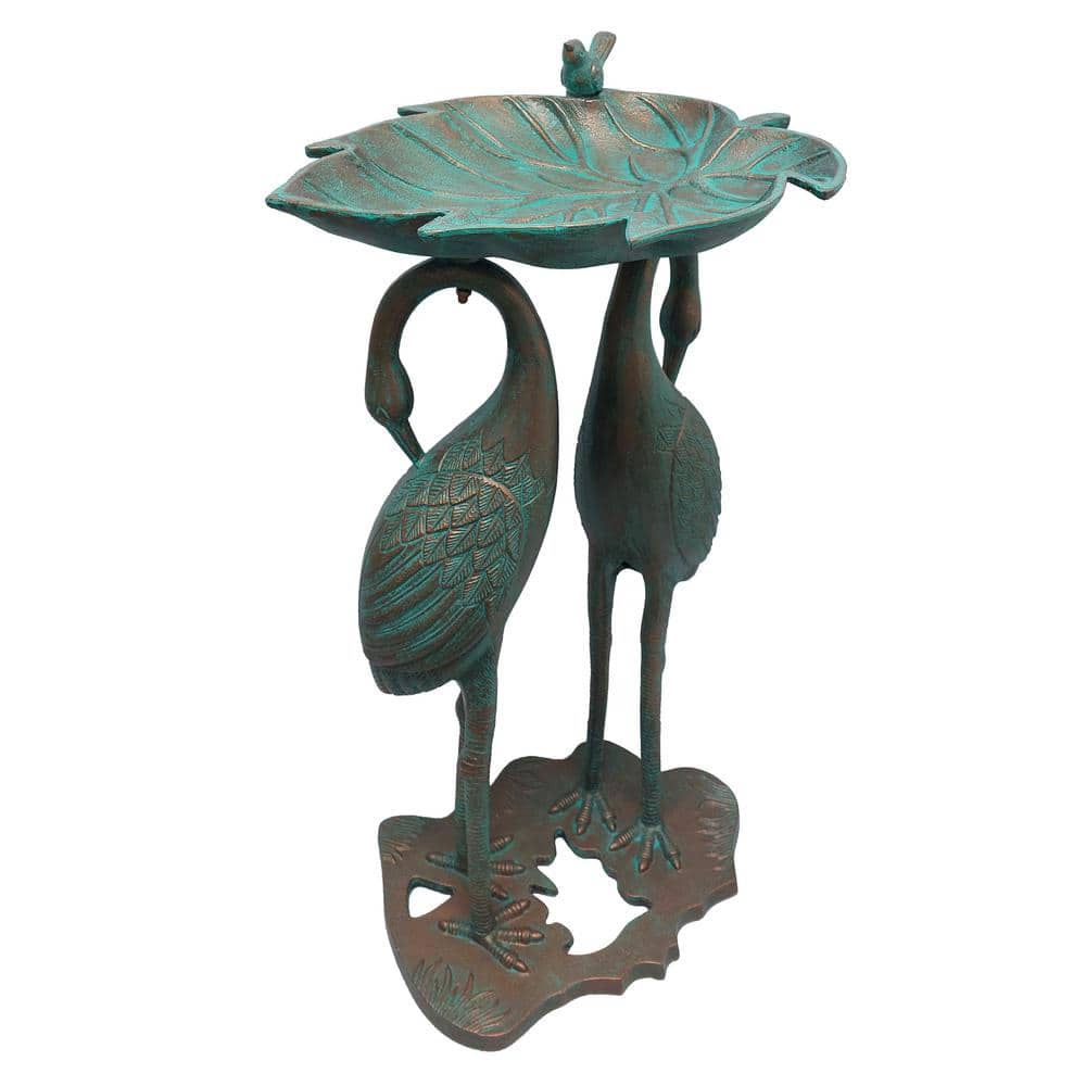 Copper Patina Cast Aluminum Twin Crane Bird Bath with Leaf Bowl