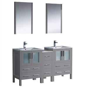 Torino 60 in. Double Bath Vanity in Gray with Ceramic Vanity Tops in White with White Basins, Middle Cabinet and Mirrors