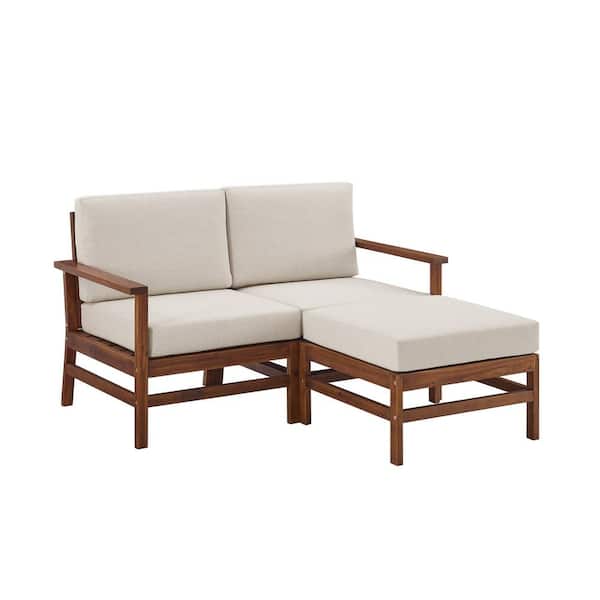 Welwick Designs Dark Brown 3-Piece Acacia Modern Patio Sectional Seating Conversation Set with Bisque Cushions