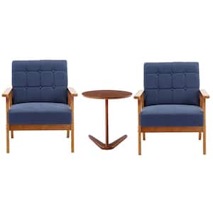Mid-Century Retro Navy Blue Linen Upholstered Tufted Back Accent Chairs with Side Table