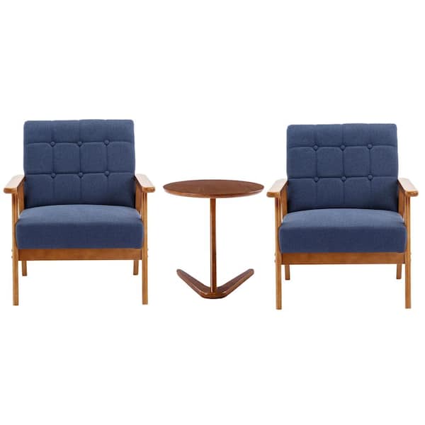 HOMEFUN 25 in. Mid-Century Retro Navy Blue Upholstered Linen Arm Chair with Side Table (Set of 2)