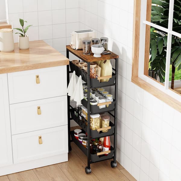 Black 5-Tier Slim Storage Cart, Wooden Top Rolling Kitchen Cart with Pull-Out Baskets and Wheels for Kitchen