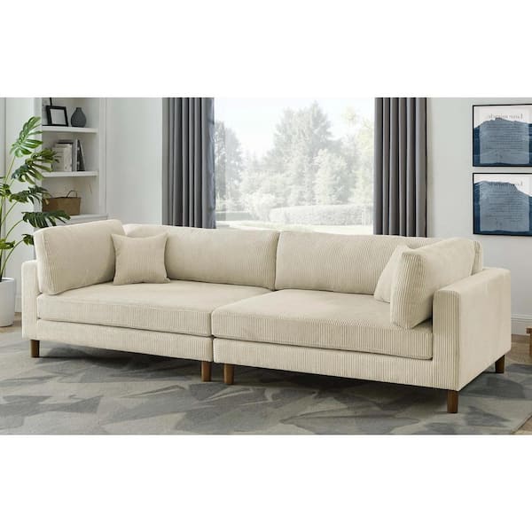 Monland 116 in. Square Arm Corduroy Polyester Fabric Chaise Lounge Rectangle Sofa Deep-Seated Oversized Modular Couches Beige