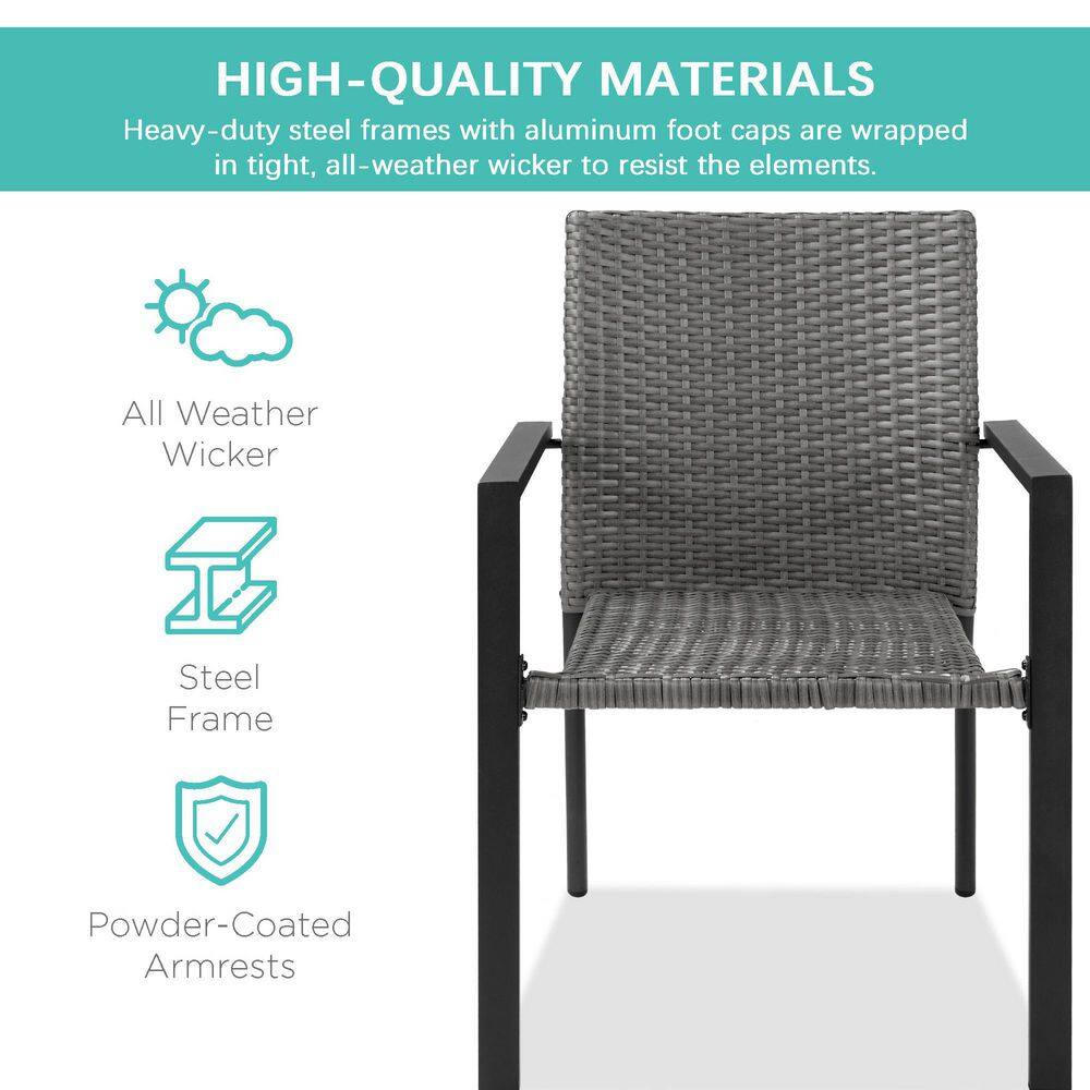 Set of 2 Gray Wicker Stackable Outdoor Dining Chairs with Armrests