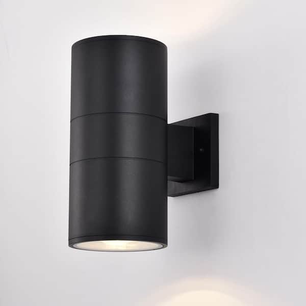2-Light Matte Black Cylinder Outdoor Wall Lantern Sconce