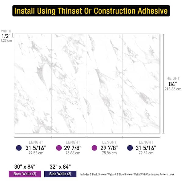 CASTICO - Carrara 32 in. x 60 in. x 84 in. Solid Composite Stone Alcove Shower Kit with Walls and Graphite Pan Base L/R Drain