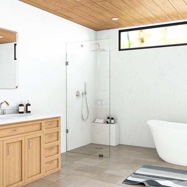 Linea 34 in. W x 78 in. H Frameless Fixed Single Panel Shower Screen Door in Brushed Nickel with 3/8 in. Clear Glass