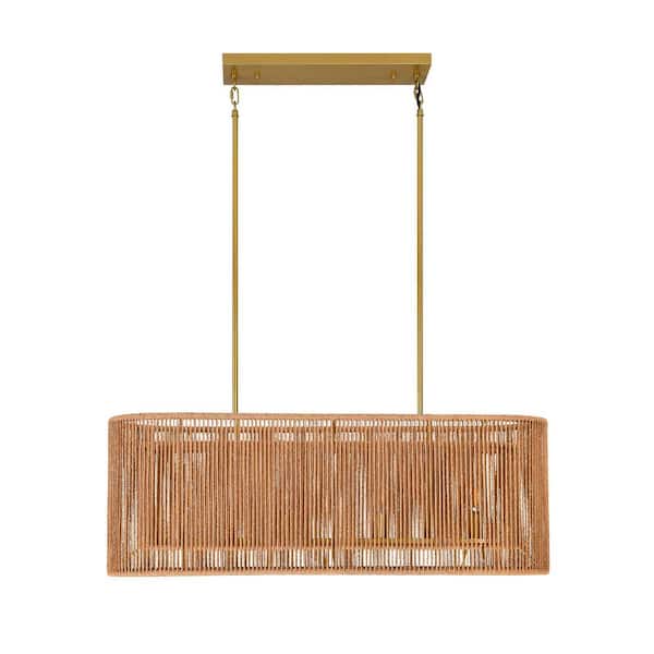 Boho 4-Light Painted Gold Finish Farmhouse Rectangle Chandelier with 2-Tier Natural Rattan Shade for Kitchen Island