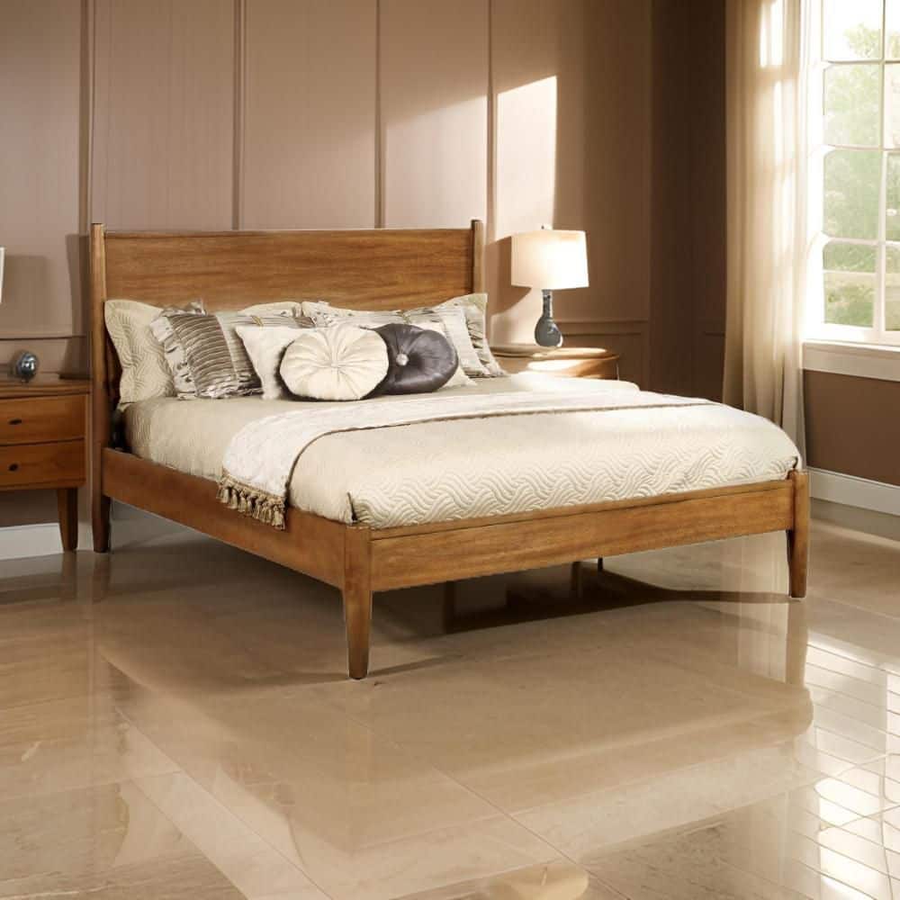 Brown Wood Frame Full Size Panel Bed with Headboard