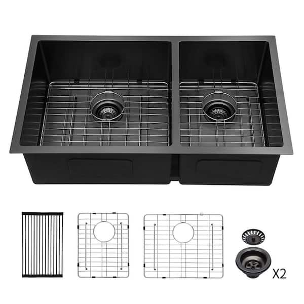 33 in. Undermount 60/40 Double Bowl 16 Gauge Gunmetal Black Stainless Steel Kitchen Sink, Includes 2 Grids, 2 Drains