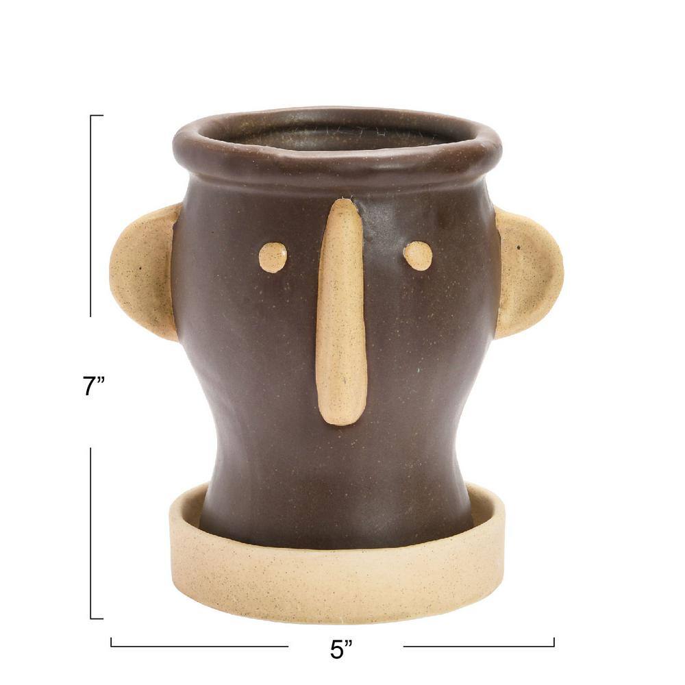 Matte Black and Cream Stoneware Face Planter with Saucer
