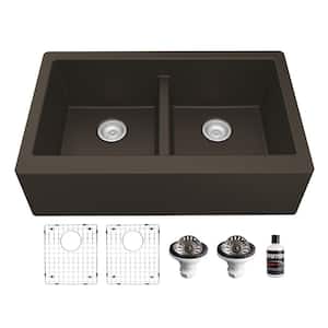 QA-750 Quartz/Granite 34 in. Double Bowl 50/50 Farmhouse/Apron Front Kitchen Sink in Brown with Grid and Strainer