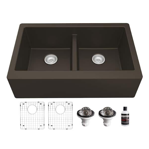 QA-750 Quartz/Granite 34 in. Double Bowl 50/50 Farmhouse/Apron Front Kitchen Sink in Brown with Grid and Strainer