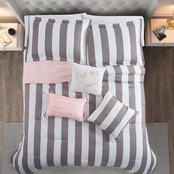 Juicy Couture Cabana Stripe 6-Piece Reversible Set - Grey/White - Queen