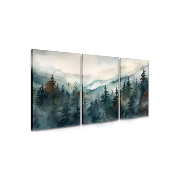 Framed Green Forest Canvas Wall Art Set of 3, Boho Misty Watercolor Pine Tree Wall Decor 16x24 In