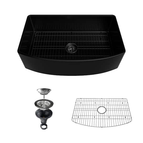 VANITYFUS 33 in. Undermount Farmhouse Single Bowl Black Fine Fireclay Workstation Kitchen Sink with Accessories