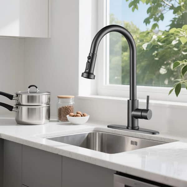 3-Mode Single Handle Pull Down Sprayer Kitchen Faucet with Deckplate in Brushed Grey