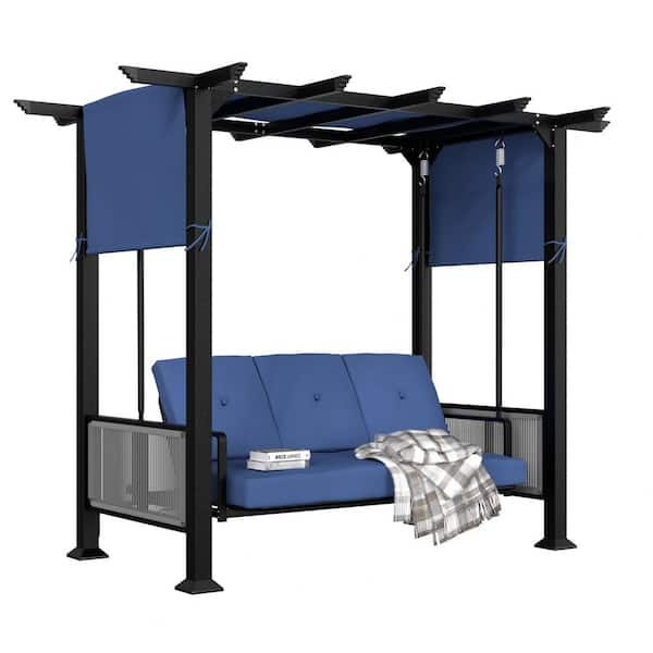 Navy Blue 3-Person Metal Porch Swing with Retractable Canopy and Cushions, Outdoor Pergola Swing Set
