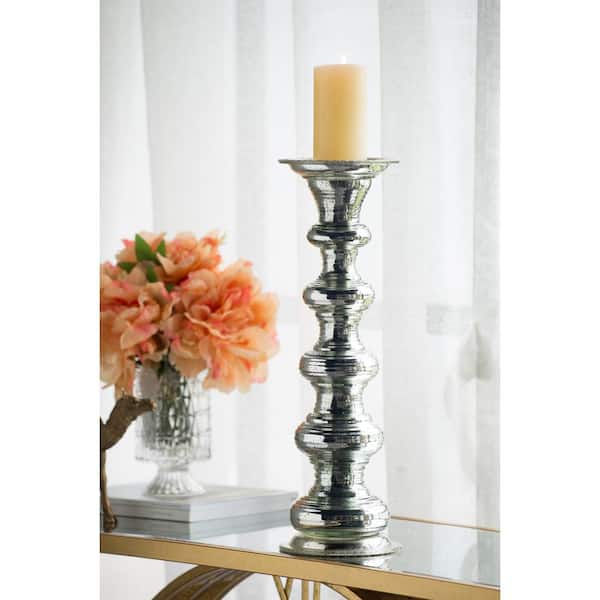 A & B Home 18.7 in. H Silver Glass Pillar Candle Holder 77256