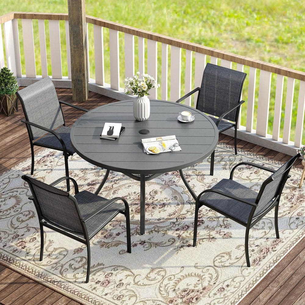 5-Piece Metal Outdoor Dining Set with Grey Round Table and 4 Grey Dining Chairs with Armrests