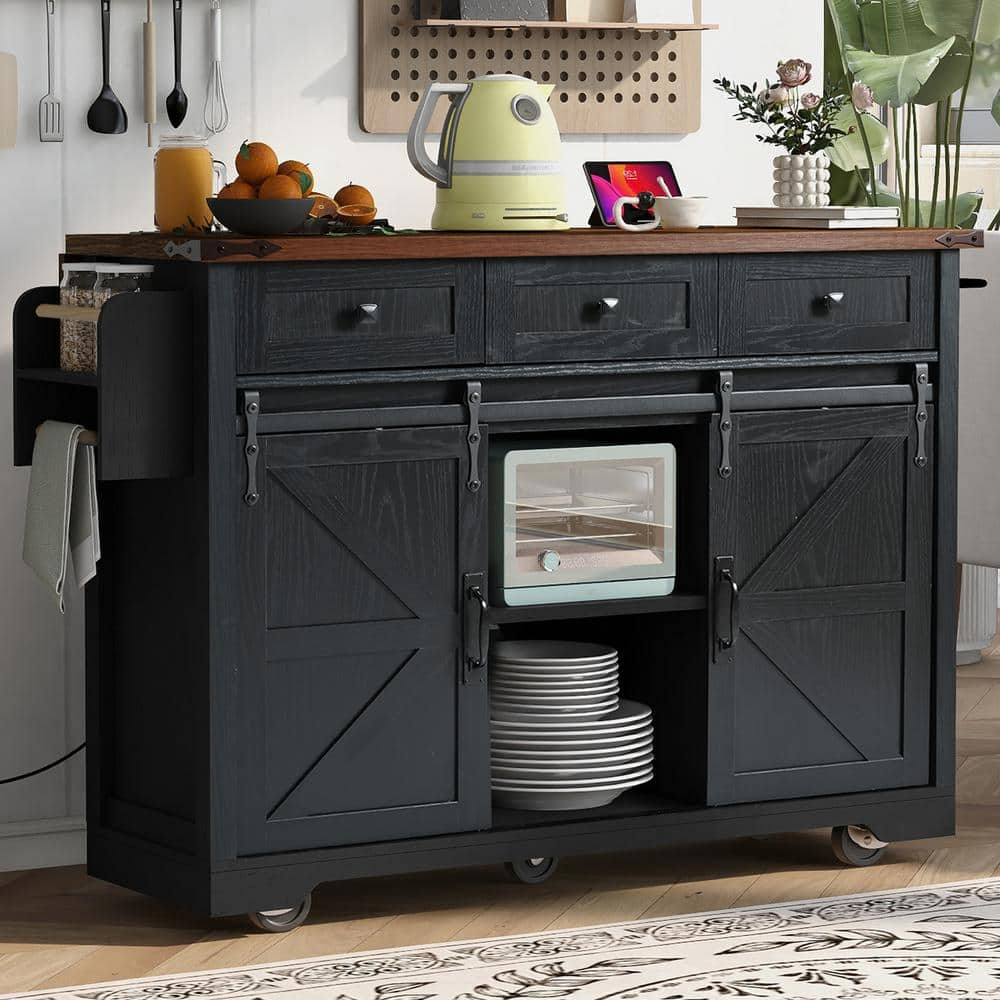 Staykiwi Black MDF Kitchen Cart with 2Sliding Door Spice Rack