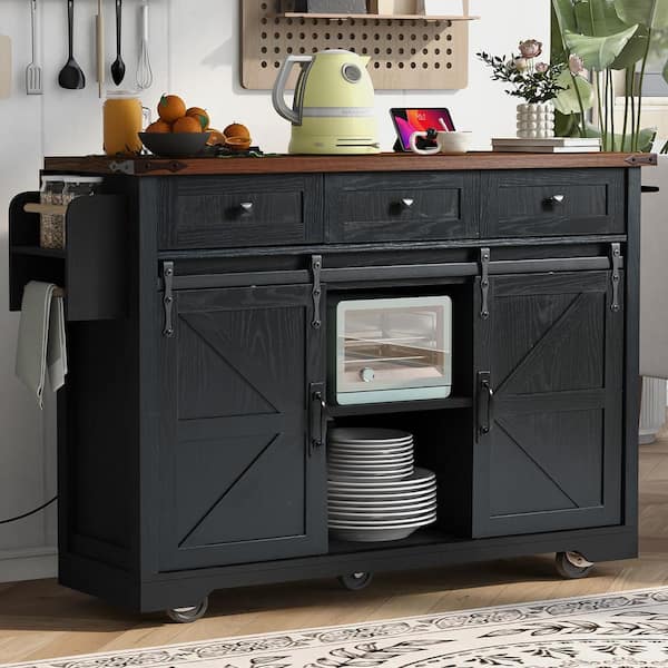 Staykiwi Black MDF Kitchen Cart with 2-Sliding Door Cabinet, Spice Rack, Drop Leaf and Towel Rack