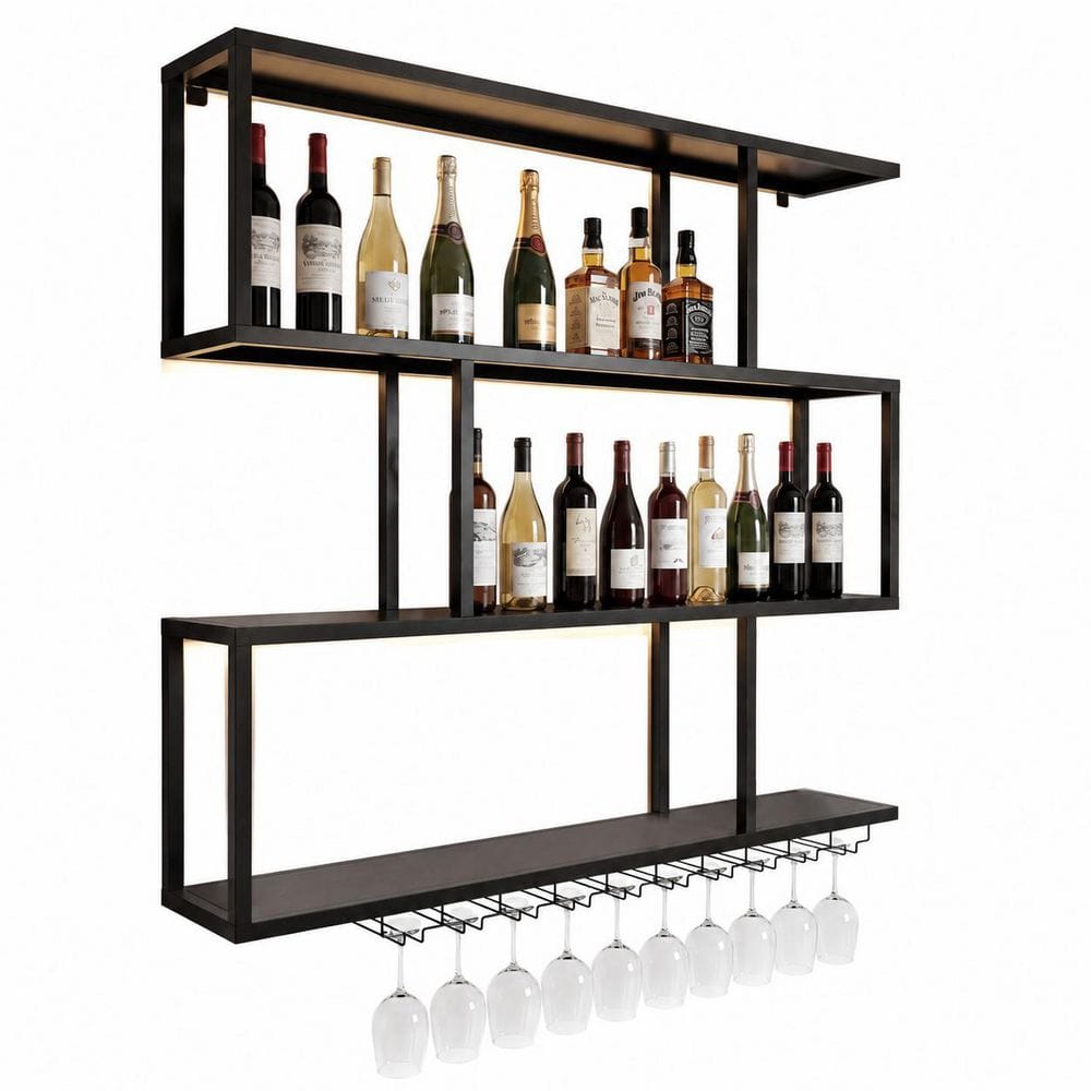 47.2 in Wall-Mounted 4-Tier LED Wine Rack with Glass Holder for Bar Display in Living Rooms and Dining Areas