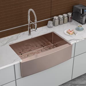 36 in. Farmhouse Single Bowl 16 Gauge Rose Gold Stainless Steel Kitchen Sink with Bottom Grid
