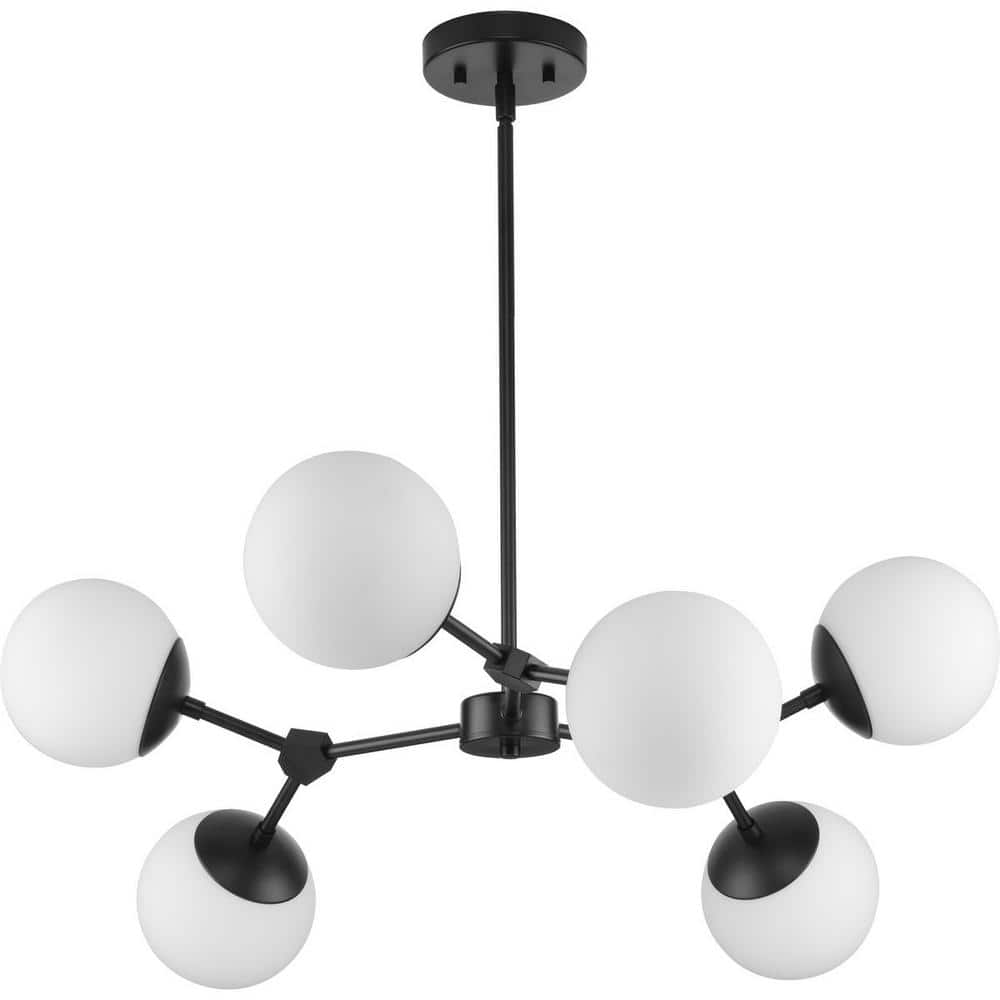 Haas 6-Light Matte Black Mid-Century Modern Chandelier with Etched Opal Glass