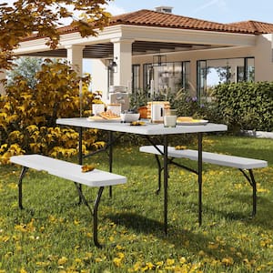 4.5 ft. Rectangular Steel White Frame Outdoor Picnic Table and Bench with Weather Resistant Resin Tabletop