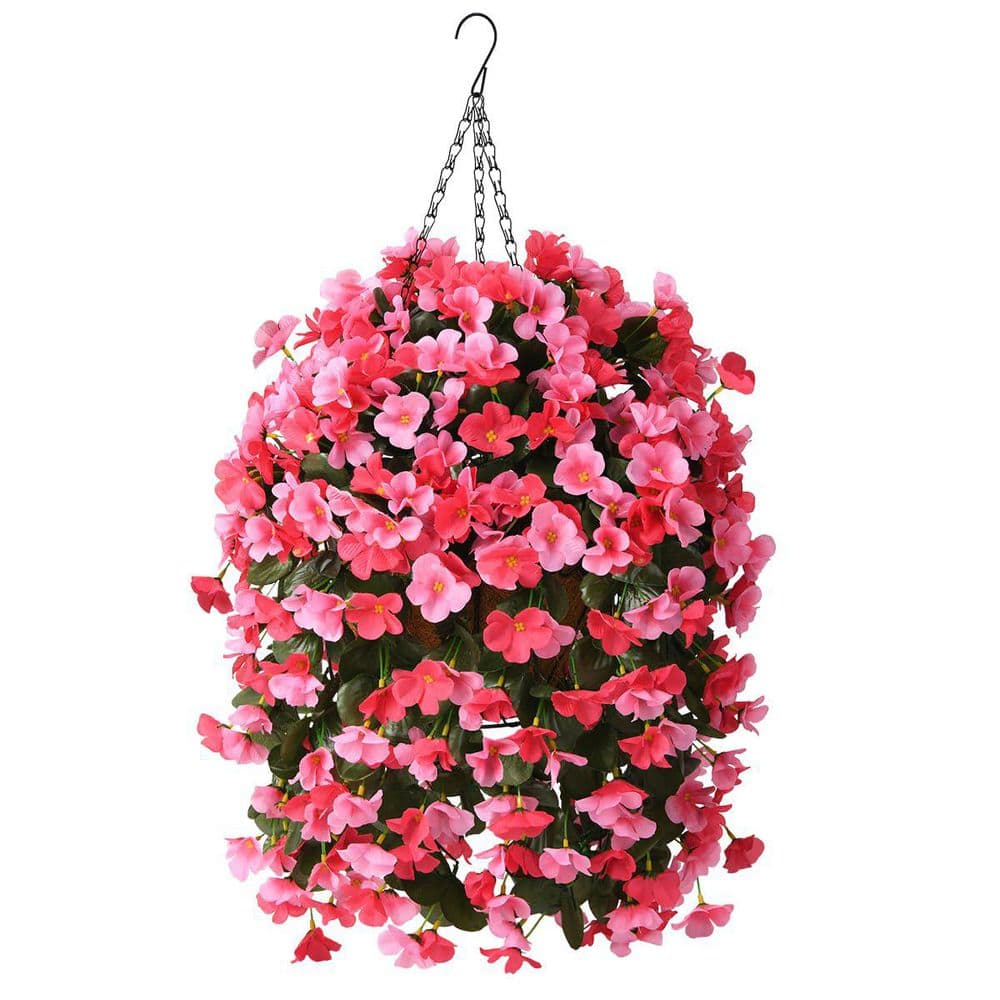 24.8 in. Deep Pink Artificial Hanging Begonia Flowers in Basket for Home We