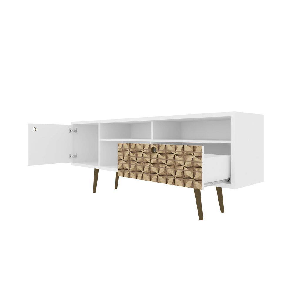 White and Brown Mid-Century Modern TV Stand with Cabinet